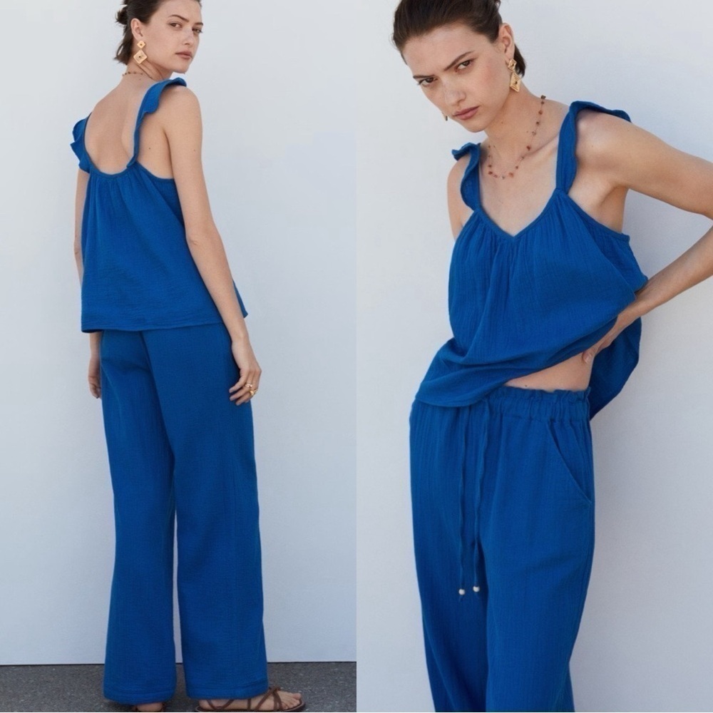 NWT MANGO Ruffled Sleeveless Cotton Gauze Cobalt Blue Top Sz S